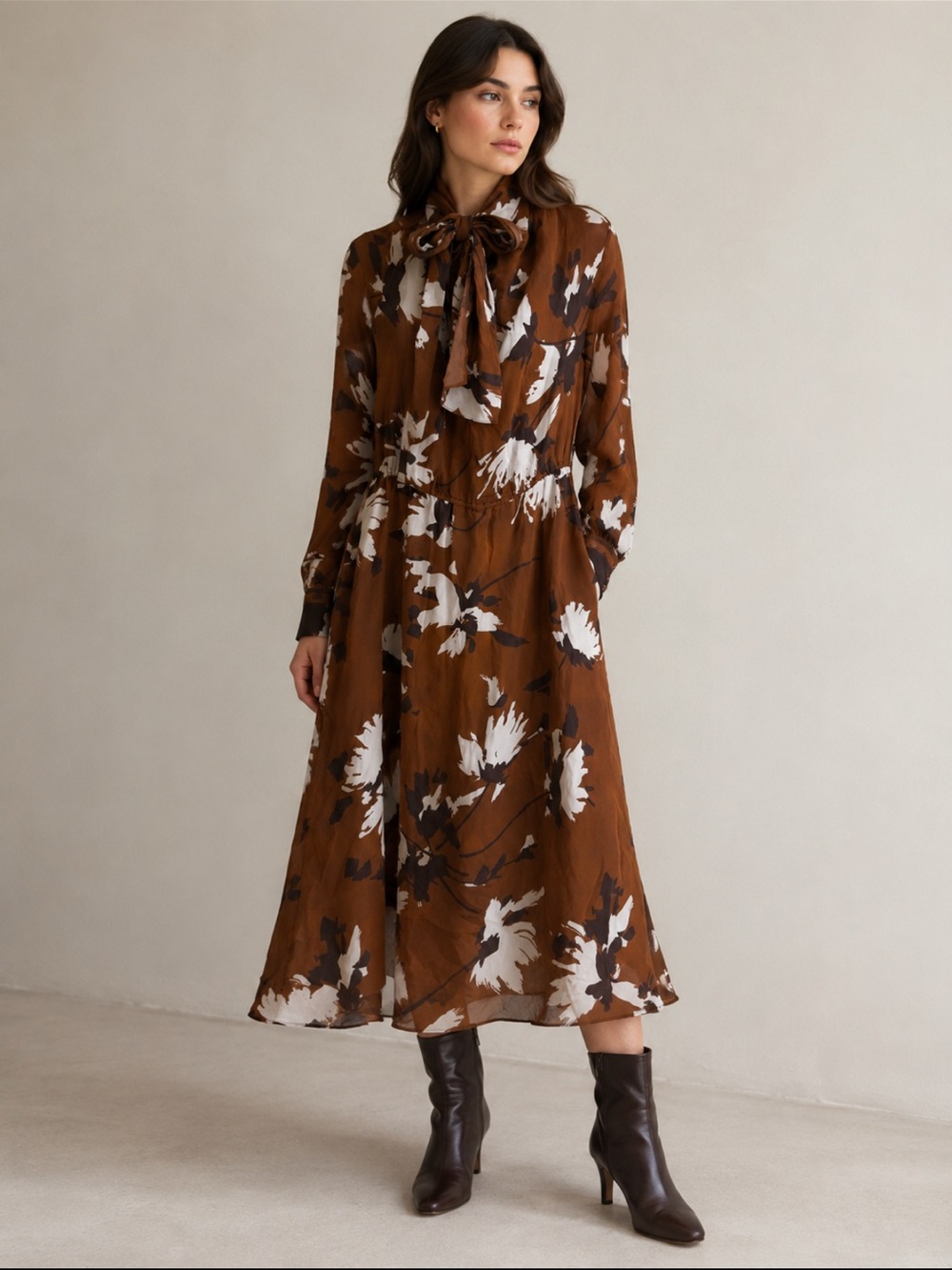 Max Mara Studio silk brown floral print dress size 10